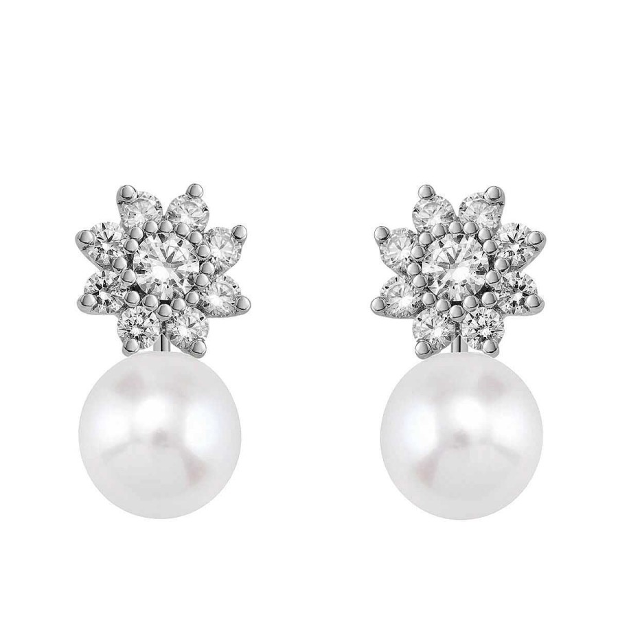 Joyer A ARGYOR | Pendientes De Oro Blanco Con Diamantes Y Perlas En Forma De Flor (75B0105P)