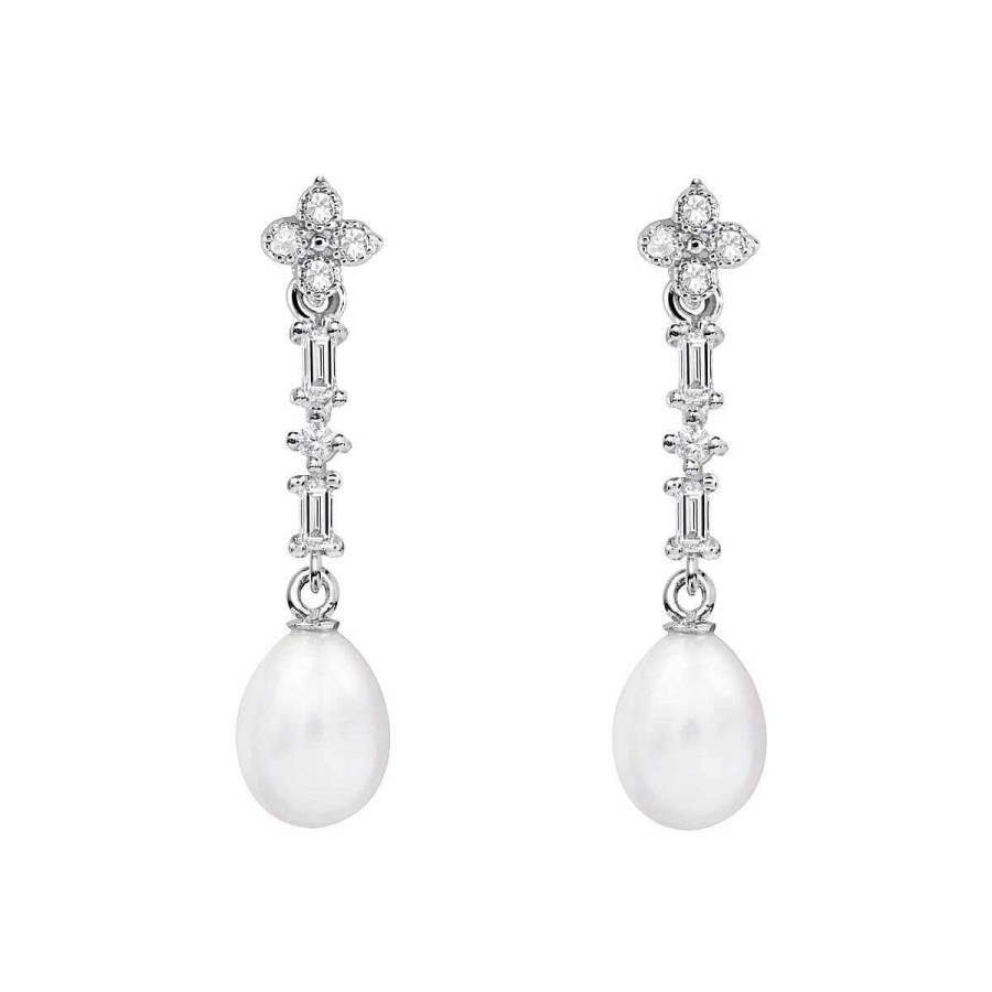 Joyer A ARGYOR | Pendientes De Novia Con Perlas Oro Blanco De 18K Flor Baguettes (79B0106Te1)