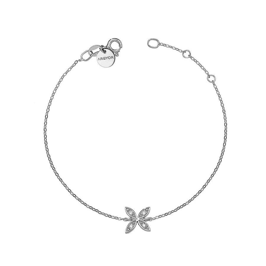 Joyer A ARGYOR | Pulsera Oro Blanco 18K Con Flor Y Brillantes (76Bpu006)