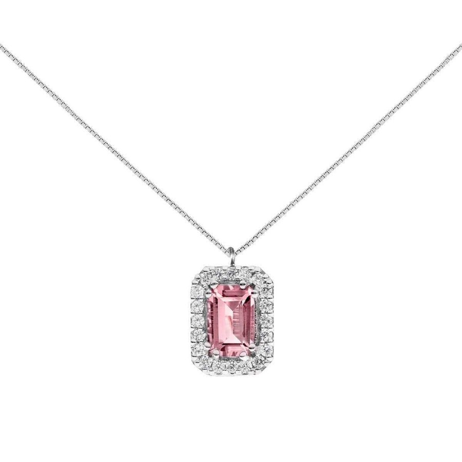 Joyer A ARGYOR | Colgante Oro Blanco Con Zafiro Rosa Rectangular Y Halo De Diamantes (0513006Z)