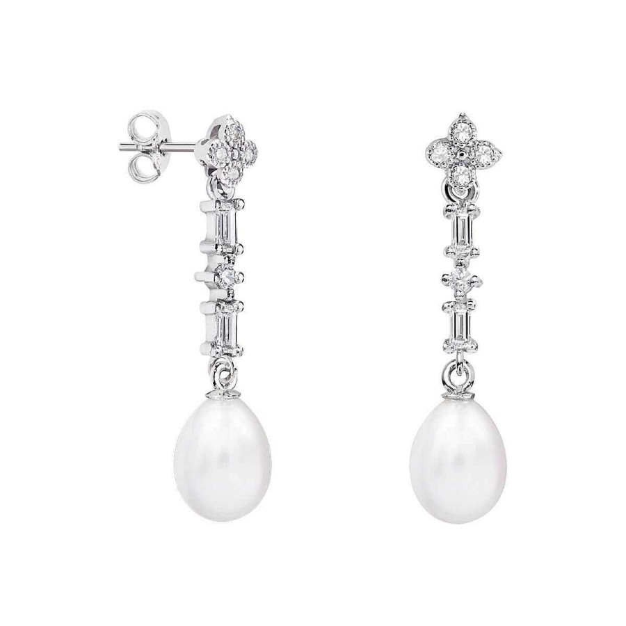 Joyer A ARGYOR | Pendientes De Novia Con Perlas Oro Blanco De 18K Flor Baguettes (79B0106Te1)